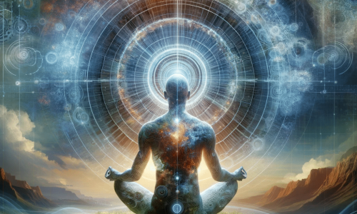DALL·E A visual representation of the concept augmented consciousness The image features a human figure in a meditative pose surrounded by a halo of ligh