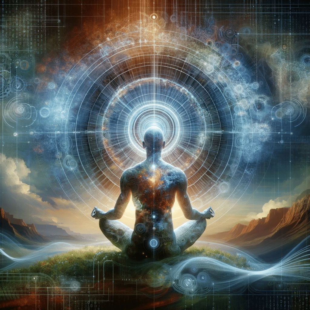 DALL·E A visual representation of the concept augmented consciousness The image features a human figure in a meditative pose surrounded by a halo of light